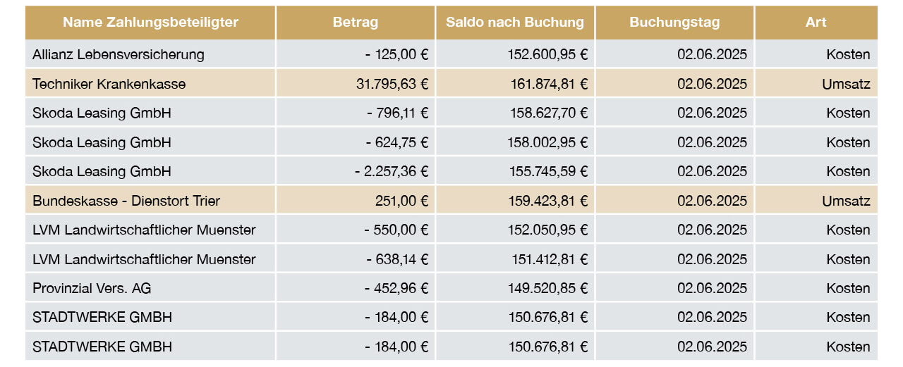 Eine tabellarische Darstellung (Auszug aus einem Kontobuch oder einer Finanzübersicht) mit Spaltenüberschriften wie "Name Zahlungsbeteiligter", "Betrag", "Saldo nach Buchung", "Buchungstag" und "Art". Die Tabelle zeigt verschiedene Einnahmen und Ausgaben mit einem Buchungsdatum vom 02.06.2025.