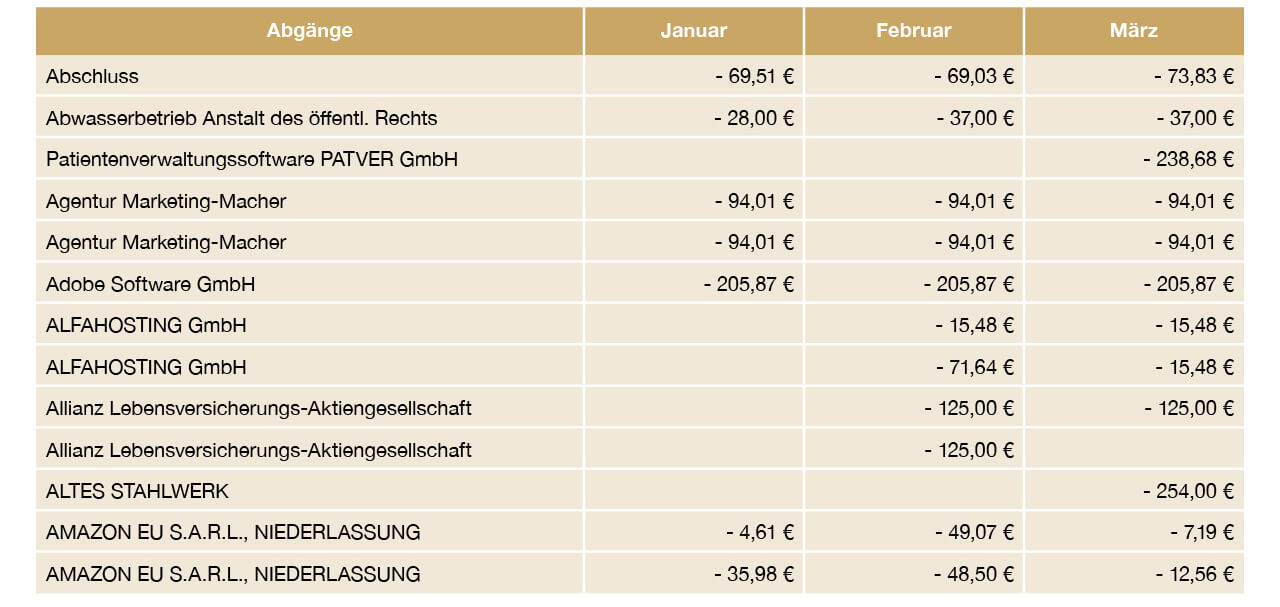 Eine tabellarische Finanzübersicht mit dem Titel "Abgänge", die monatliche Kosten über die Zeiträume Januar, Februar und März auflistet. Die Tabelle zeigt wiederkehrende und einmalige Ausgaben von verschiedenen Anbietern, wie zum Beispiel die Kosten für "Patientenverwaltungssoftware PATVER GmbH", Agentur Marketing-Macher, Adobe Software GmbH und verschiedene andere Betriebskosten. Die Zahlen sind in Euro (€) angegeben.