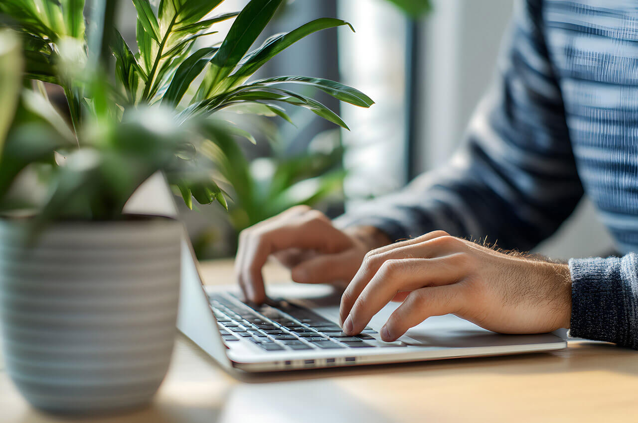 Mann tippt etwas in einen Laptop ein