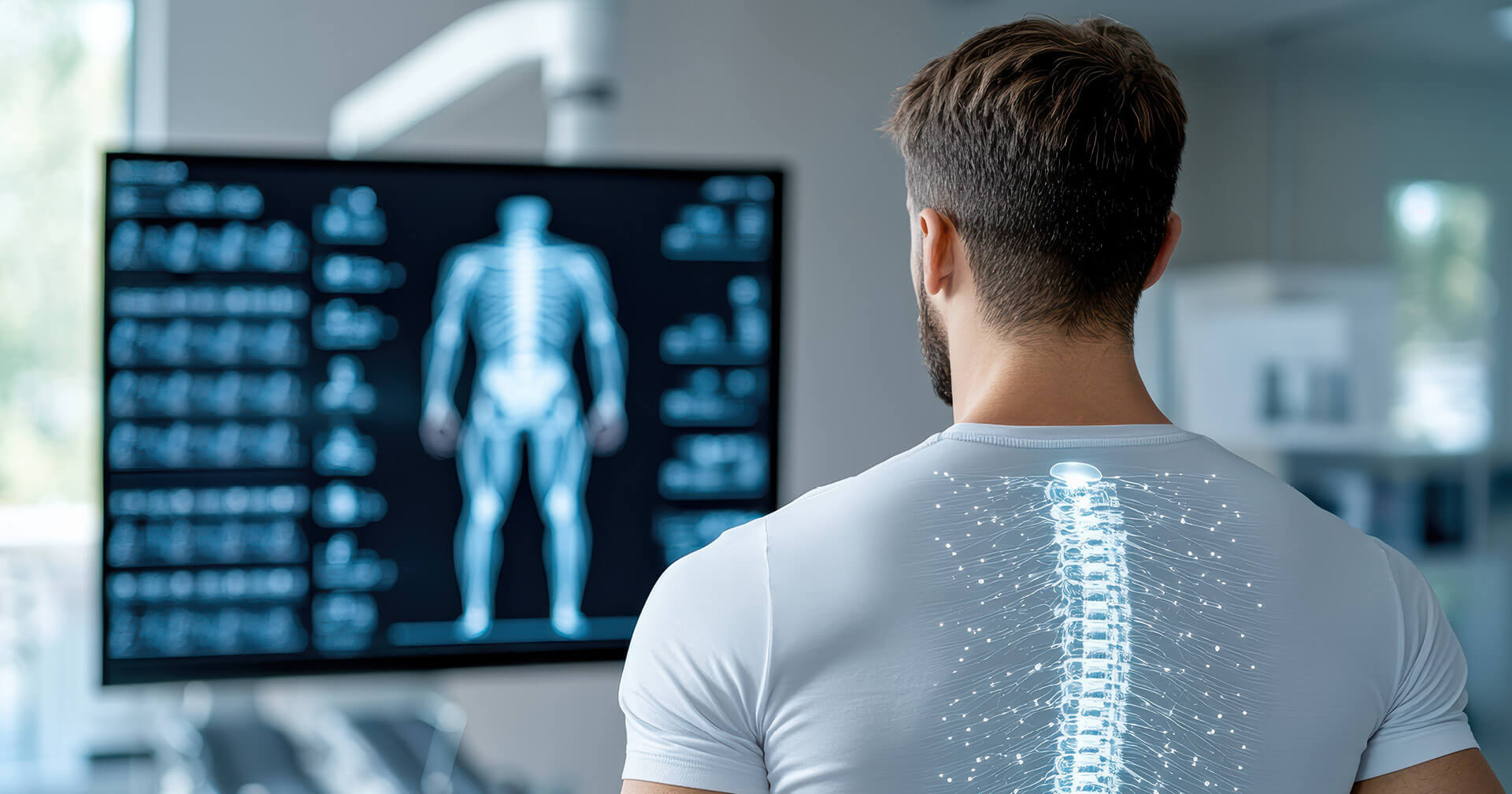 Mann mit blauer Wirbelsäule steht vor Bildschirm