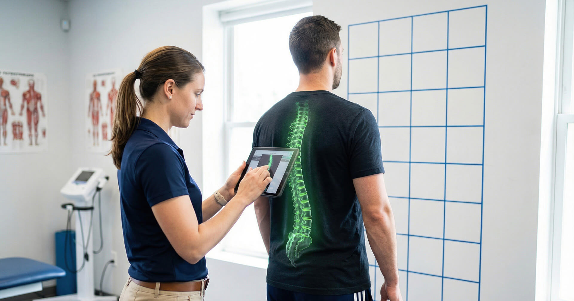 Physiotherapeutin schaut sich die Wirbelsäule eines Patienten an