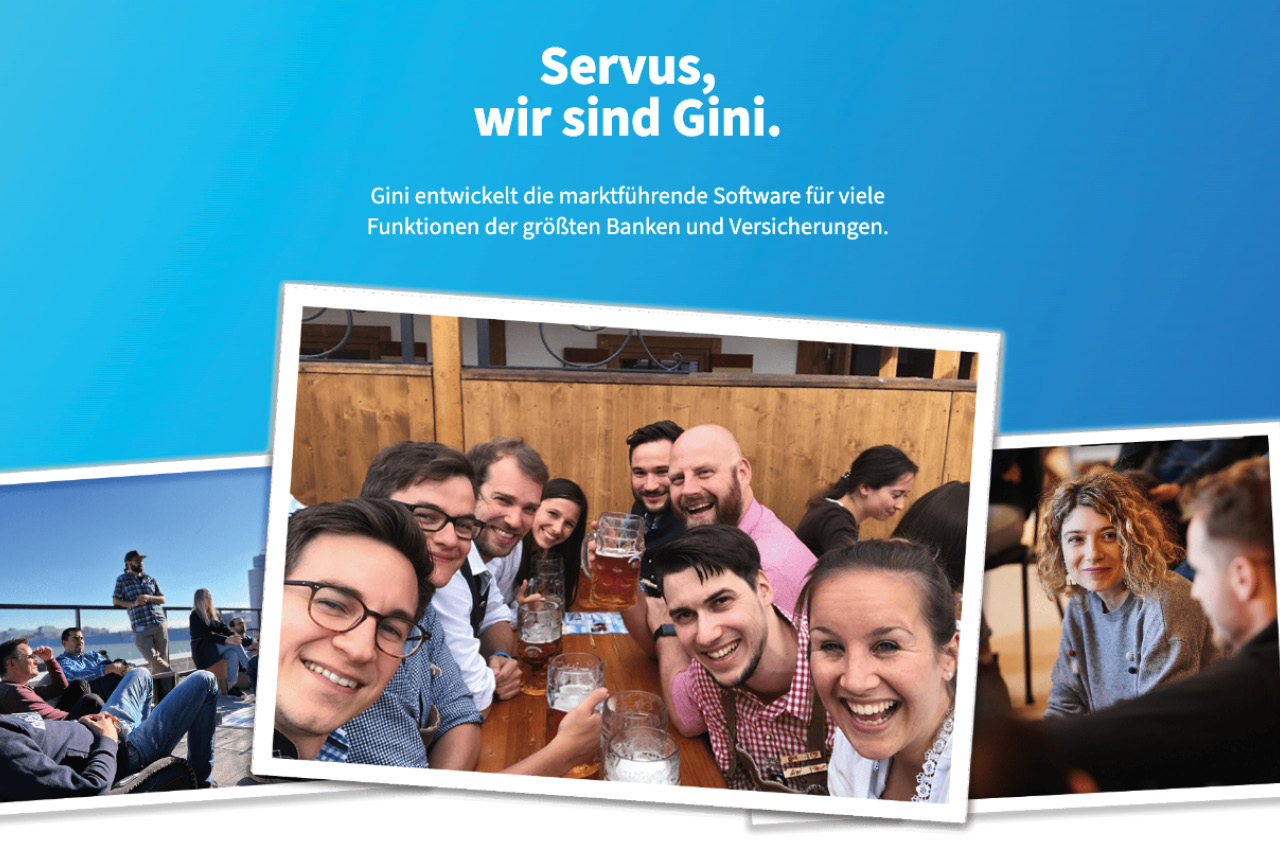 Im Vordergrund sind drei Postkarten mit Mitarbeitern von Gini zu sehen. Der Hintergrund ist blau und mit einer Überschrift versehen.
